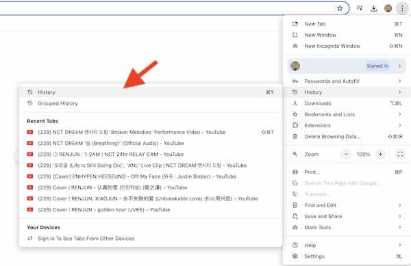 how to open history on Google Chrome