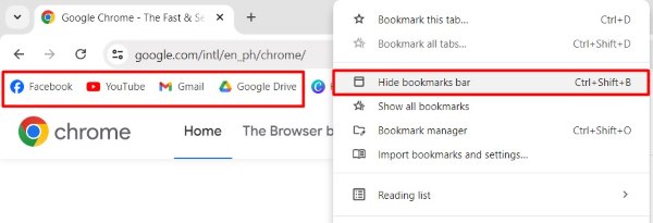 hide bookmarks chrome