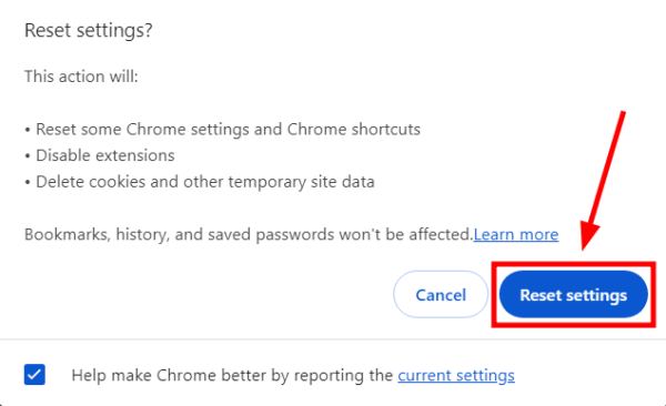 reset chrome settings to default