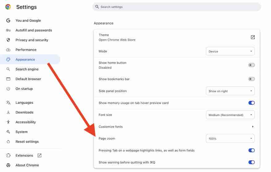 adjusting chrome zoom settings